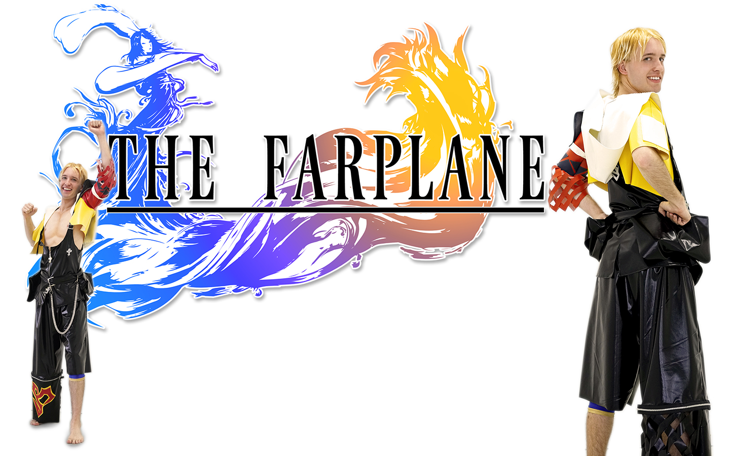 Jesse dressed as Tidus from Final Fantasy 10 posing happily with text that reads 'The Farplane'